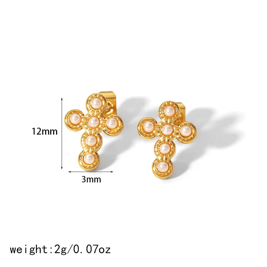 1 Pair Simple Exquisite Style Star Moon Cross Shape Stainless Steel  Gold Color Inlay Imitation Pearl Women's Stud Earrings Picture3